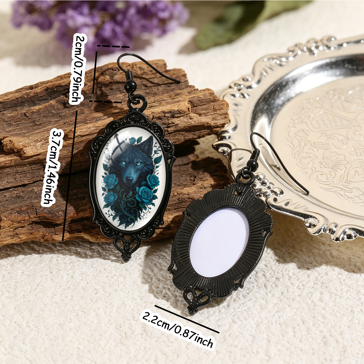 Unisex Dark Wolf Blue Rose Floral Printed Oval Earrings